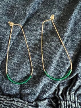 Gold Teardrop Hoop Earrings with Green Beads - Women Jewelry